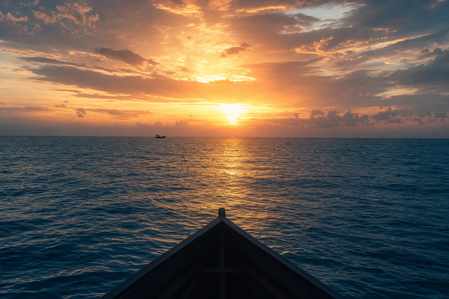 A boat heading out into open ocean at sunrise
